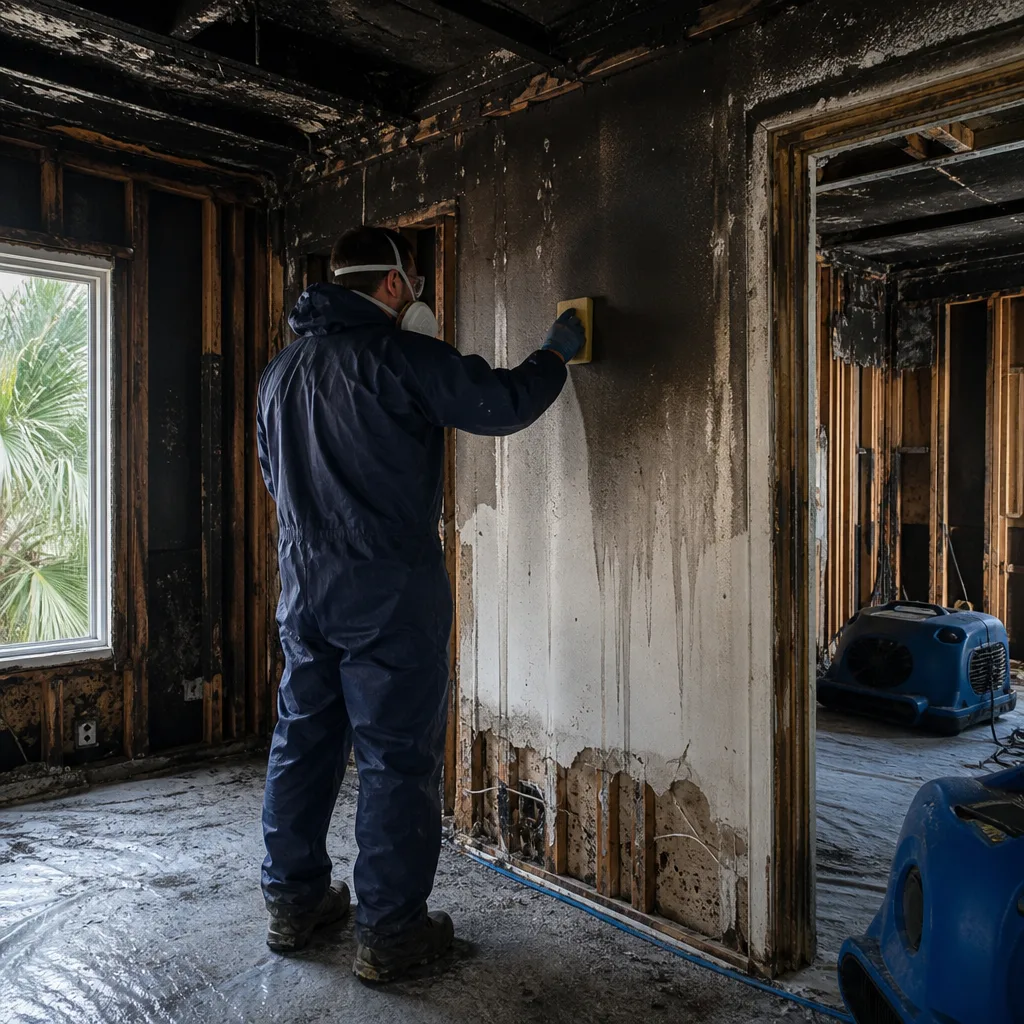Technician in protective suit cleaning soot from fire-damaged interior wall
