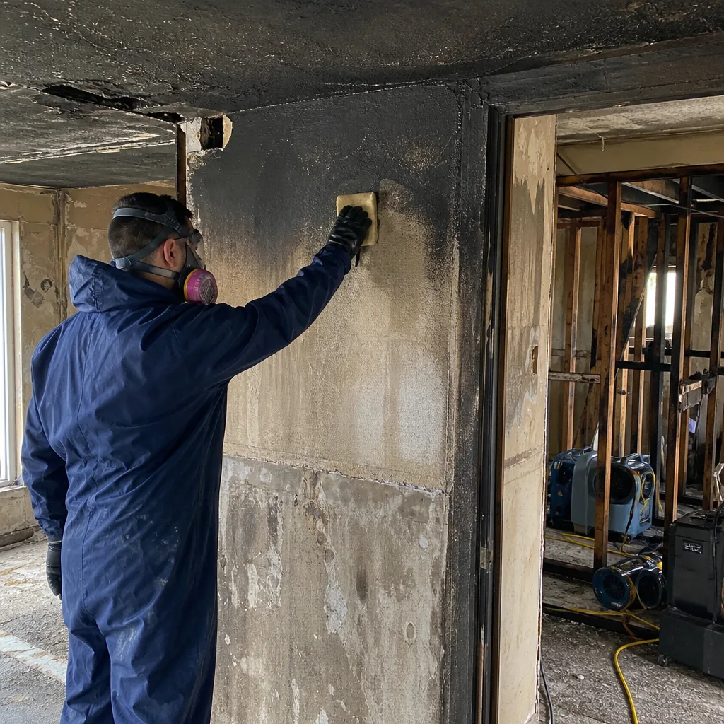 Technician cleaning smoke and soot damage from a wall after a fire