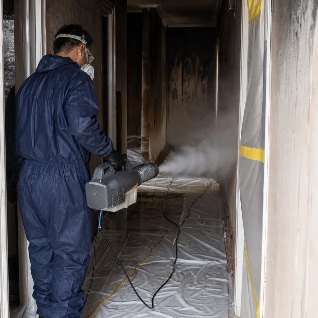 Technician performing fire damage restoration with a professional fogging machine.