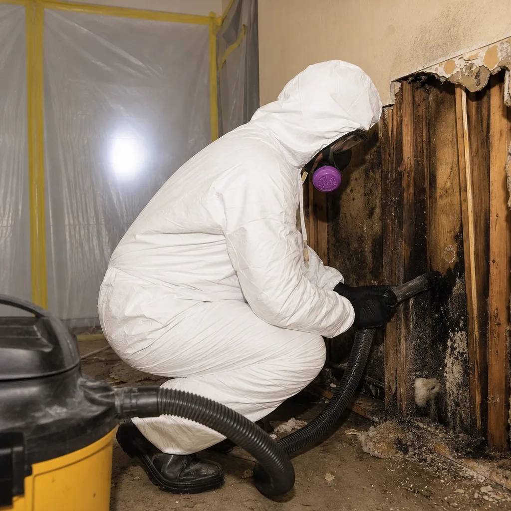 Professional contractor performing mold remediation on exposed wall studs in protective gear