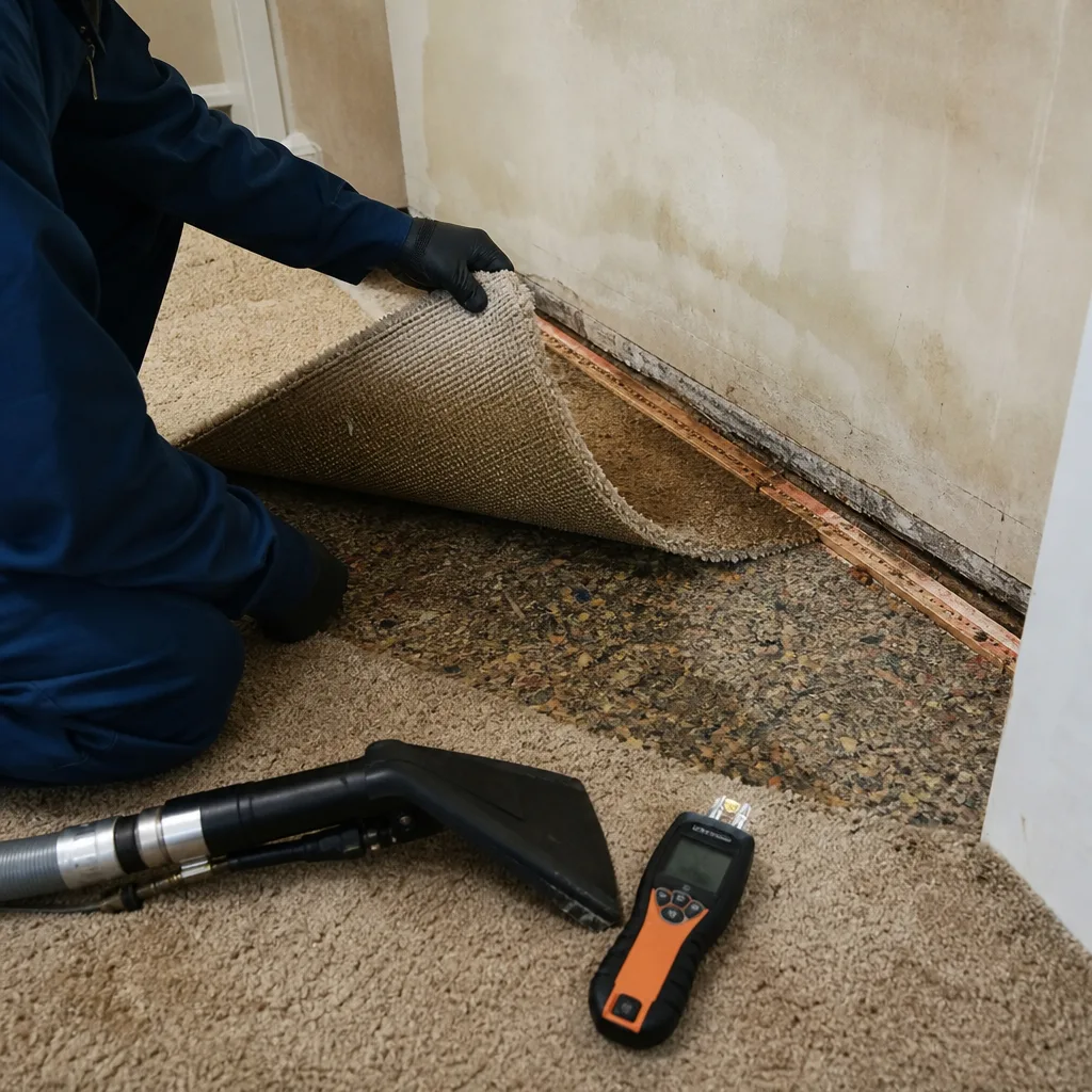 Professional performing water damage restoration by inspecting subflooring under wet carpet