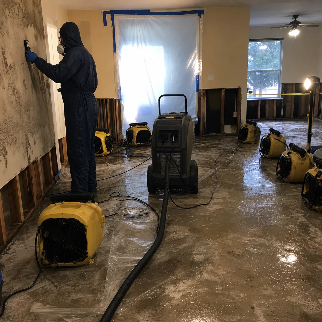 Professional technician performing water damage restoration and mold remediation in a house.
